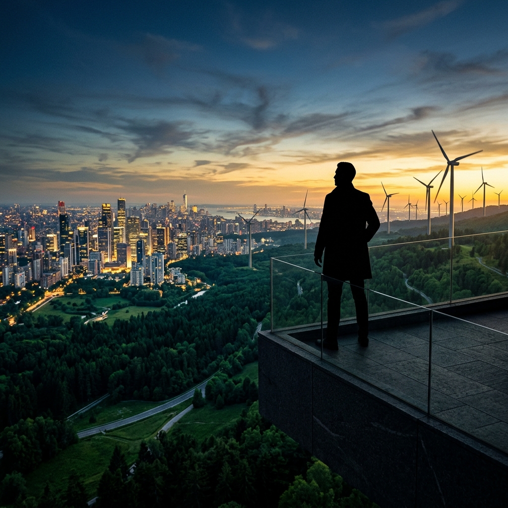 Visionary overlooking a sustainable city and clean energy landscape — the future of climate equity