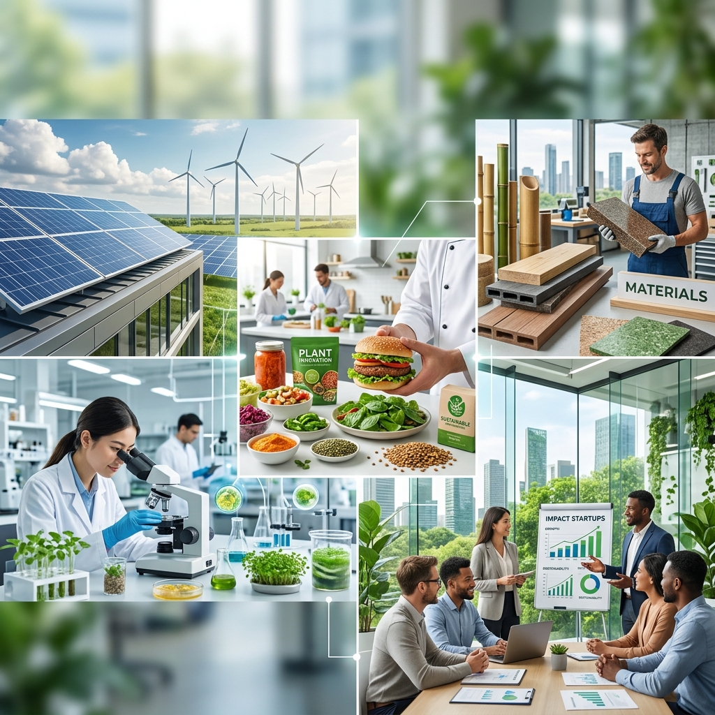 Montage of impact startups in clean energy, biomaterials, food innovation, and laboratory research